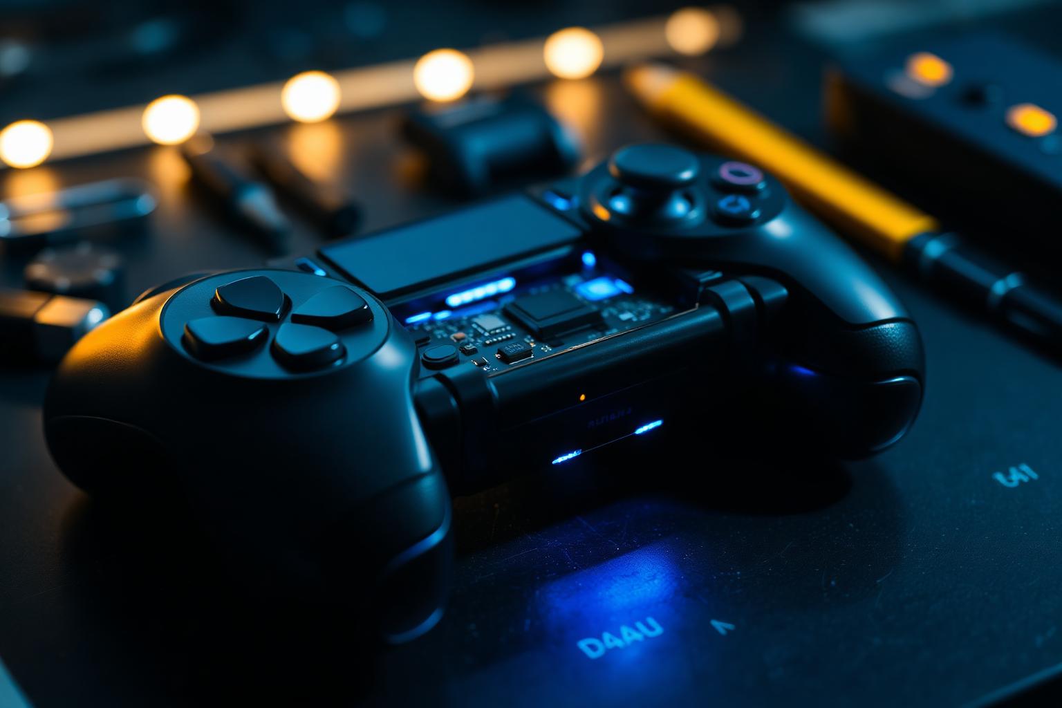 Mando PlayStation siendo reparado con luces neón azules